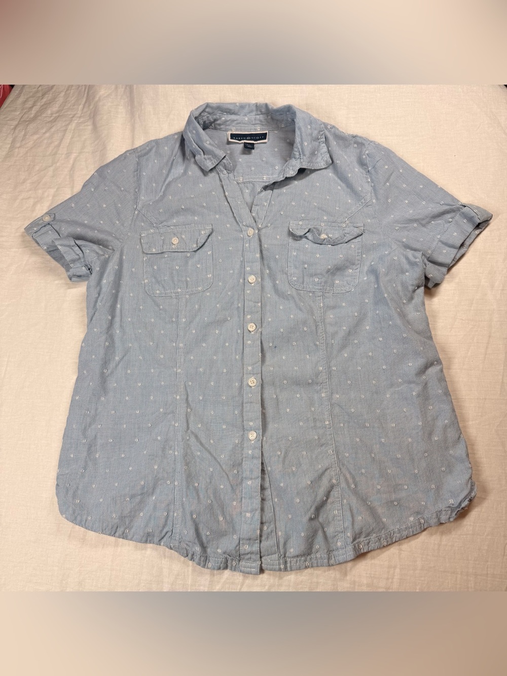Karen Scott Light Blue Short-Sleeve Button-Down Shirt with Dot Pattern